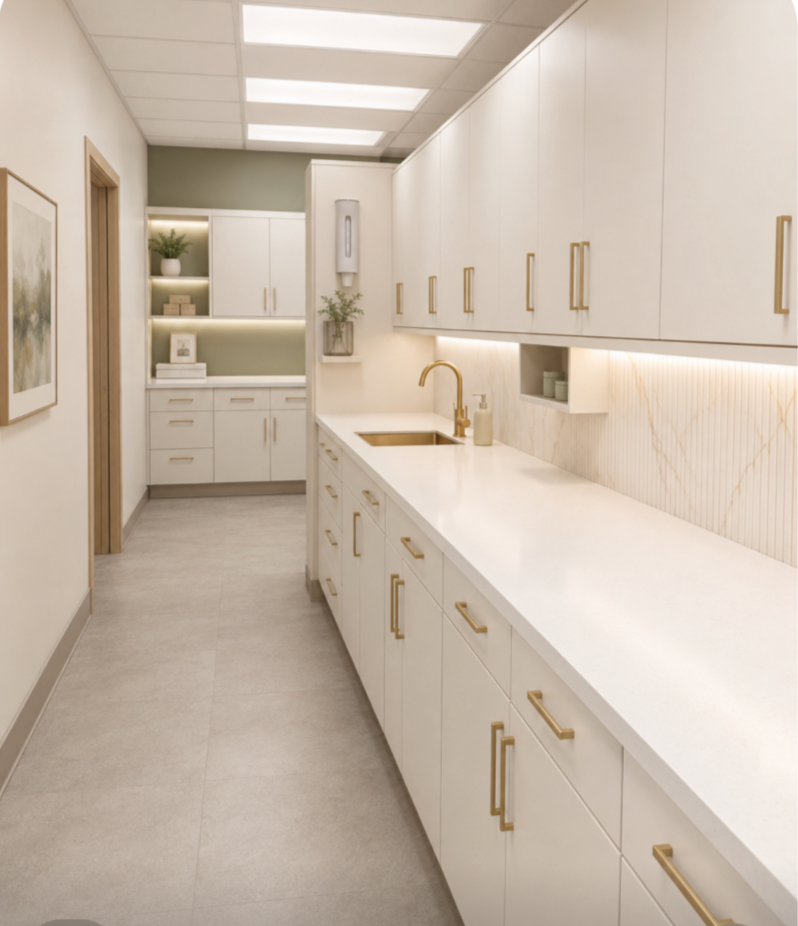 Newly renovated Hillview Dental Group office with white cabinetry, gold hardware, white countertop, gold faucet, modern lighting, and sage accent details.